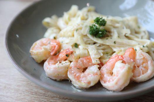 Spaghetti fettucini cream sauce with shrimp , Italian food