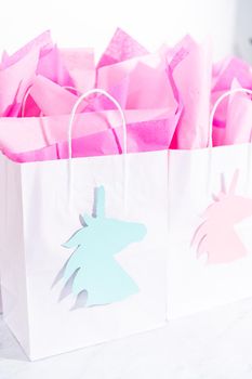Unicorn Birthday party favor bags for a little girl's Birthday party.