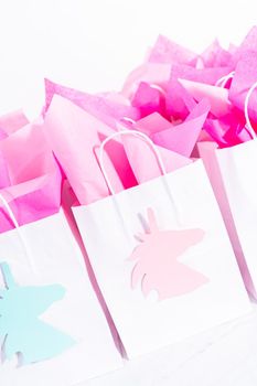 Unicorn Birthday party favor bags for a little girl's Birthday party.
