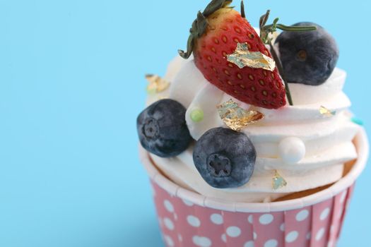 Fruits cupcake isolated in blue background