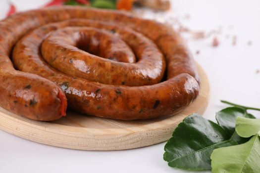 Local Northern Thai food , Northern Thai spicy sausage street food isolated in white background