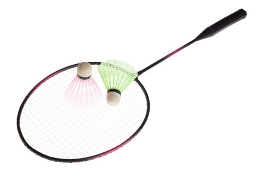 Badminton rackets and shuttlecock isolated on white background