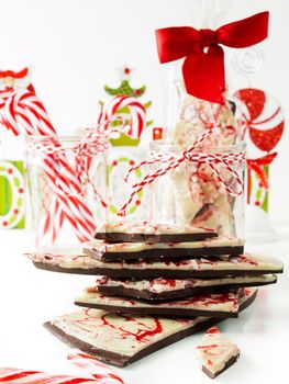 Traditional Christmas Chocolate Peppermint Bark sprinkled with peppermint candies.
