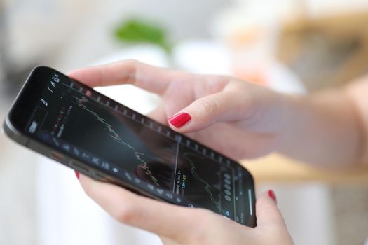 Female hand with smartphone trading stocks online in coffee shop Business concept