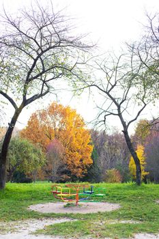 A bright playground surrounded by greenery, many different swings, a beautiful and cozy park for relaxation