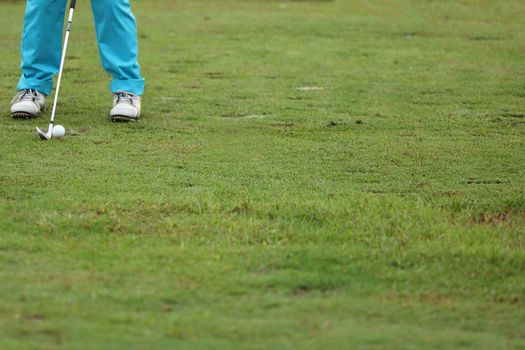 Golf ball on green grass ready to be struck on grass background