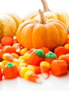Small multi-color pumpkins with Halloween candies on white background.