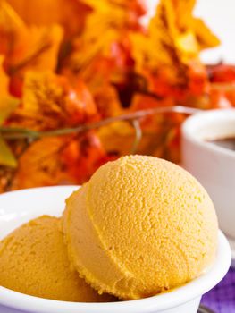 Scoop of gourmet pumpkin gelato in white bowl with cup of coffee.