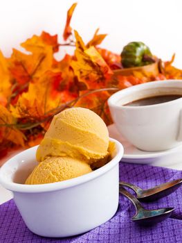 Scoop of gourmet pumpkin gelato in white bowl with cup of coffee.