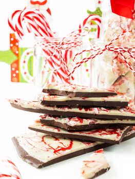 Traditional Christmas Chocolate Peppermint Bark sprinkled with peppermint candies.