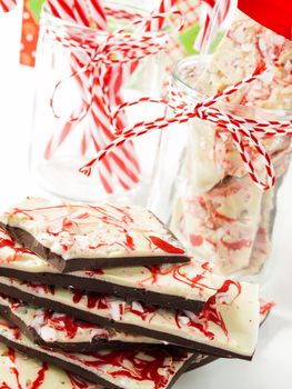 Traditional Christmas Chocolate Peppermint Bark sprinkled with peppermint candies.
