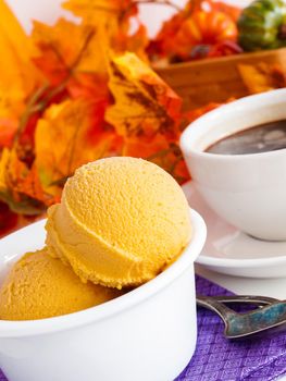 Scoop of gourmet pumpkin gelato in white bowl with cup of coffee.