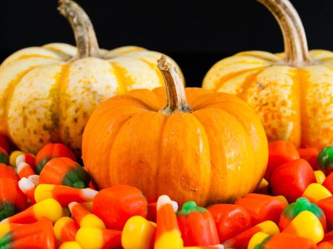 Halloween candy corn and pumpkin candies on black background.