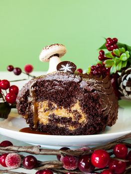 Traditional Christmas Yule Log cake decorated with marzipan mushrooms.