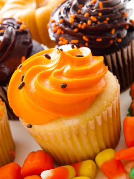 Halloween orange and black cupcakes on white background.