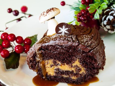 Traditional Christmas Yule Log cake decorated with marzipan mushrooms.