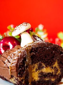 Traditional Christmas Yule Log cake decorated with marzipan mushrooms.