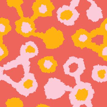 Hand drawn seamless atomic pattern with geometric abstract shapes in red orange yellow colors. Mid century modern background for fabric print wallpaper wrapping paper. Contemporary trendy fluid design
