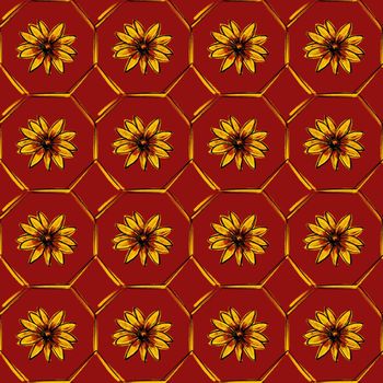 Seamless pattern. Beautiful yellow large rudbeckia or daisy flowers on a red background. Sunflowers, honeycomb wallpaper.