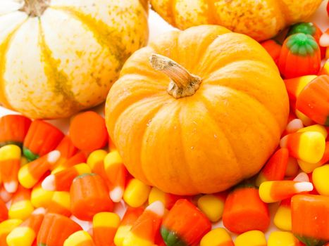 Small multi-color pumpkins with Halloween candies on white background.