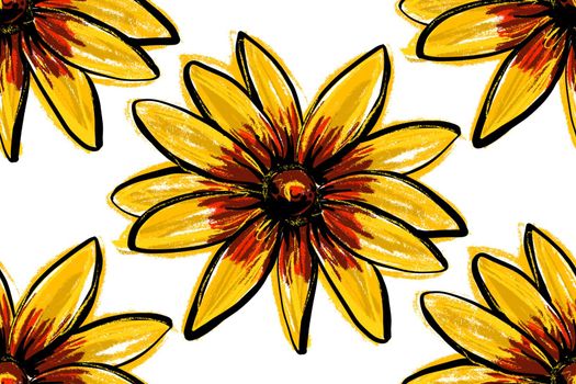 Seamless Background. Beautiful large yellow rudbeckia or daisy flowers on a white background. Sunflowers pattern.