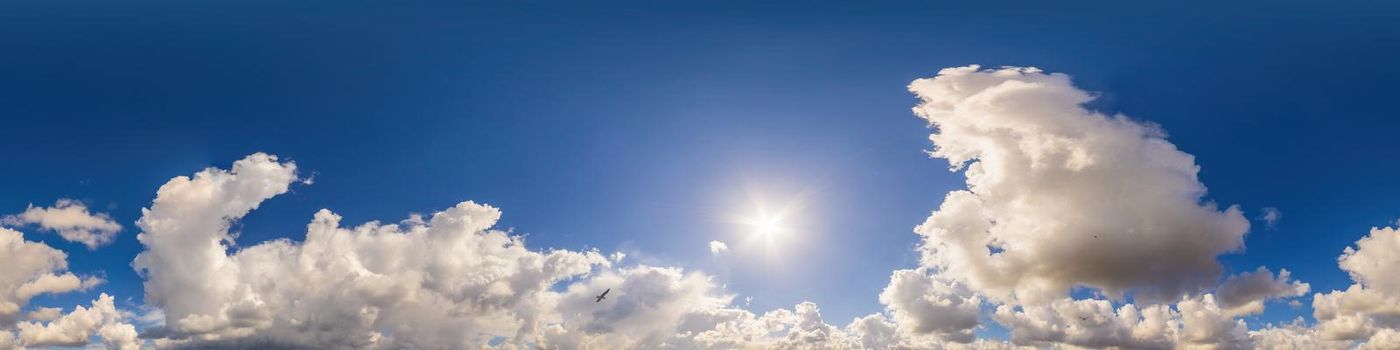 Sky panorama with Cirrus clouds in Seamless spherical equirectangular format. Full zenith for use in 3D graphics, game and editing aerial drone 360 degree panoramas for sky replacement