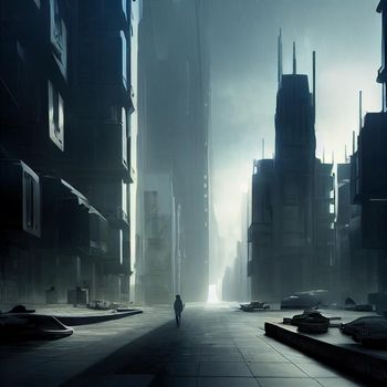 Gloomy image of a futuristic street. High quality illustration