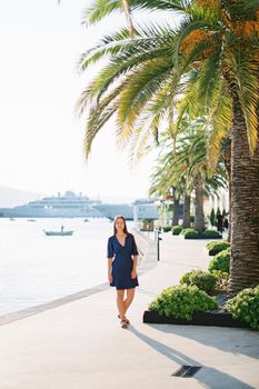Young woman stands on the coast near a large palm tree. High quality photo