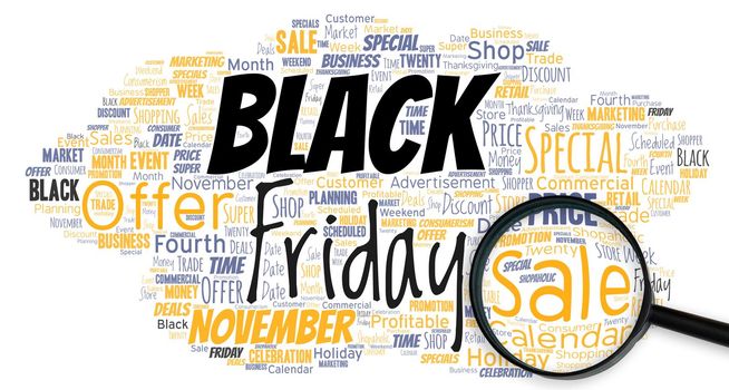 Big word cloud with words black friday with magnifying glass.
