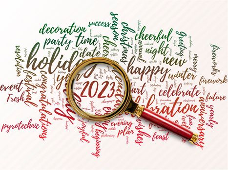 Big word cloud with new year 2023 words with magnifying glass.