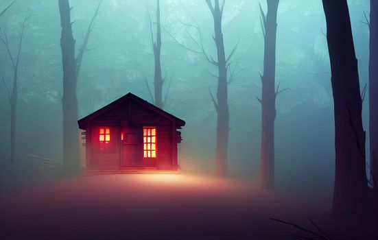 A creepy cabin in the woods, with a red light glowing through the door and windows set in a misty forest at night. 3D illustration