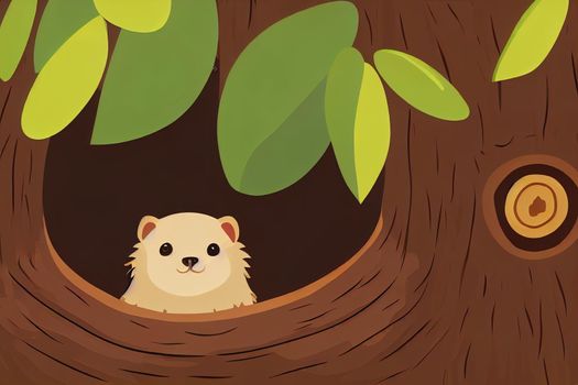 Cute animal inside tree hole. Forest groundhog in woods shelter, trunk hollow. Small funny adorable rodent woodchuk peeking out of house. Flat illustration isolated on white background