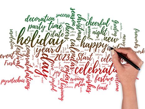 Big word cloud with happy holidays words with hand and pen.