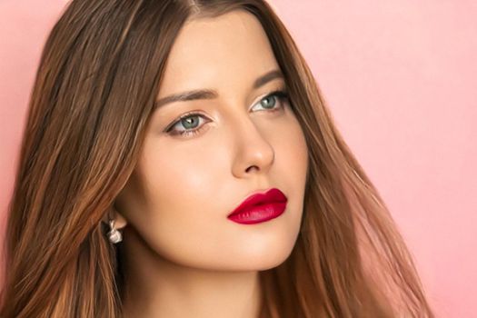 Beauty, makeup and hairstyle, beautiful woman with red matte lipstick make up on pink background as bridal make-up look, fashion and glamour model face portrait for cosmetics, skincare and hair care brand