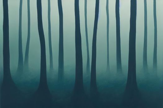Misty forest trees background. Forest mist. Misty forest trees. In misty forest