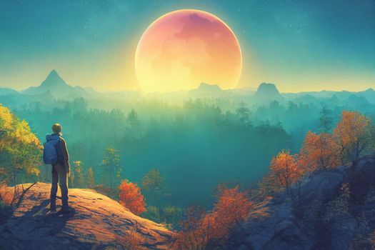 Intrepid traveler stands on cliff overlooking light autumn forest and  majestic light blue mountain range. 3D Render digital art.