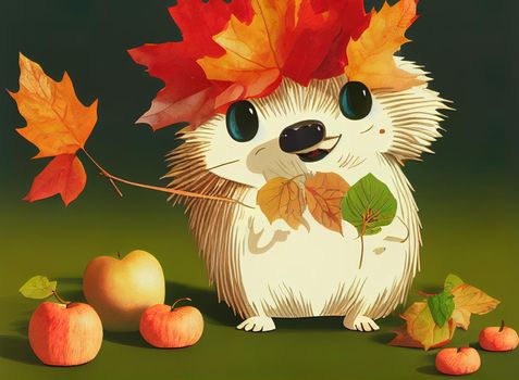 illustration of cute cartoon hedgehog character carrying mushrooms and red apple with colorful leaves for autumn time concept designs