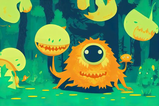 Cute orange monster in forest lake. cartoon fantasy illustration of woods landscape with swamp and magic creature, fantastic alien animal with pouch and teeth
