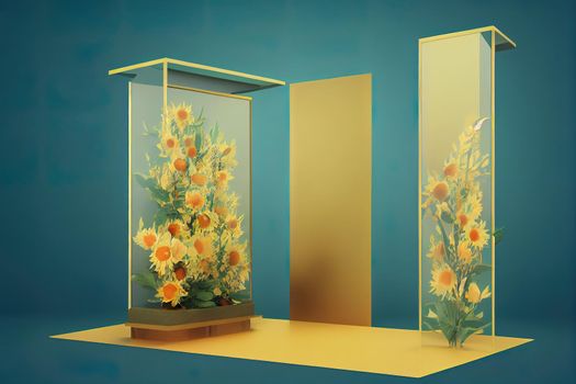 3D background natural stone platform glass showcase golden blossom autumn sunflower mock up empty podium for product display backdrop pastel art deco studio minimal shadow text space for presentation