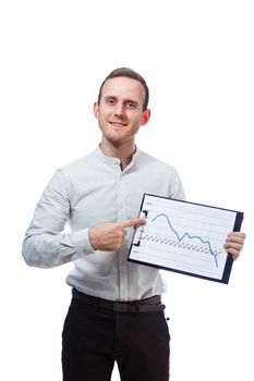 man businessman, a teacher, a mentor, study and sign documents a new Business Projects. Isolated on white background