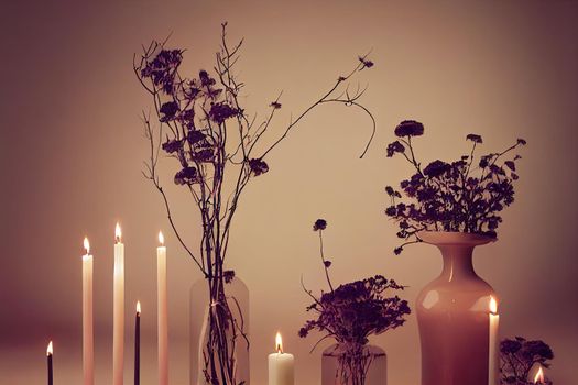 A minimalistic composition in the Scandinavian style with dried flowers in a vase and candles.