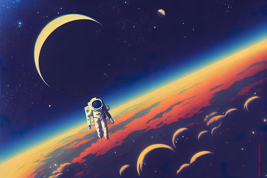 An astronaut floating in outer space. Designed for fantastic, futuristic, science or space travel backgrounds.