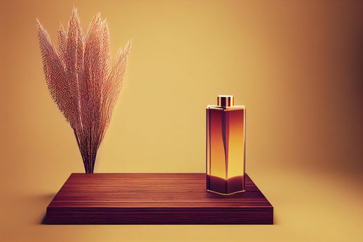 3D podium wood display on beige background and dry pampas grass Brown cosmetic beauty product promotion pedestal with shadow Autumn composition nature showcase Abstract minimal studio 3D render