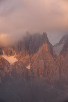 mountain peaks at passo rolle in italy