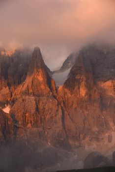 mountain peaks at passo rolle in italy