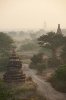 pagoda field in bagan myanmar in the morning