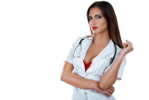 Beautiful sexy female doctor with stethoscope posing isolated on white background. Looking at camera.
