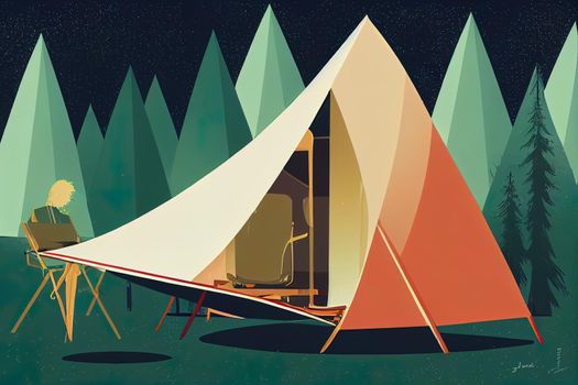Camping tent in pine forest linear illustration on dark, holidays and vacations in woods theme line art drawing, design wanderlust.