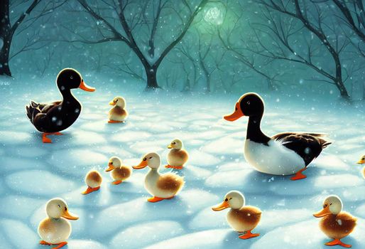 Ducks in the snow during wintering. Ducks in winter. Ducks on snow. Winter ducks on snow