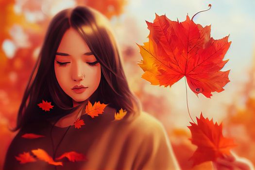 Hand drawn beautiful young woman with autumn leaf